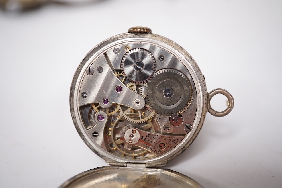 An early 20th century silver Borgel cased manual wind wrist watch(a.f.), one other similar silver half hunter manual wind wrist watch(no strap) and one other similar with a strap. Condition - poor